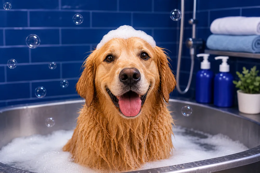 Cão no banho, com espuma