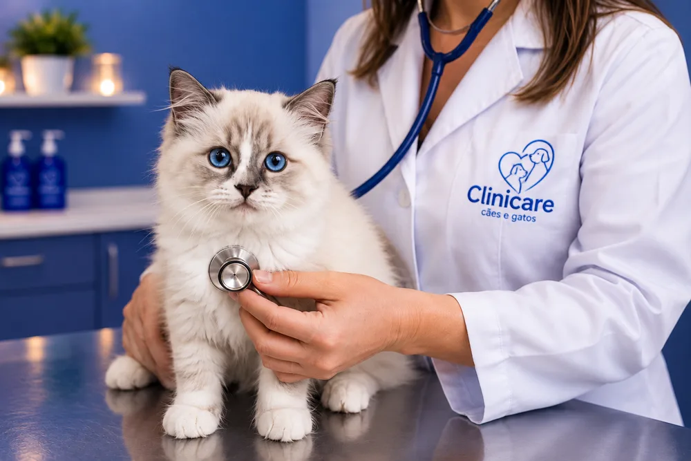 Gato sendo examinado pela veterinária na consulta