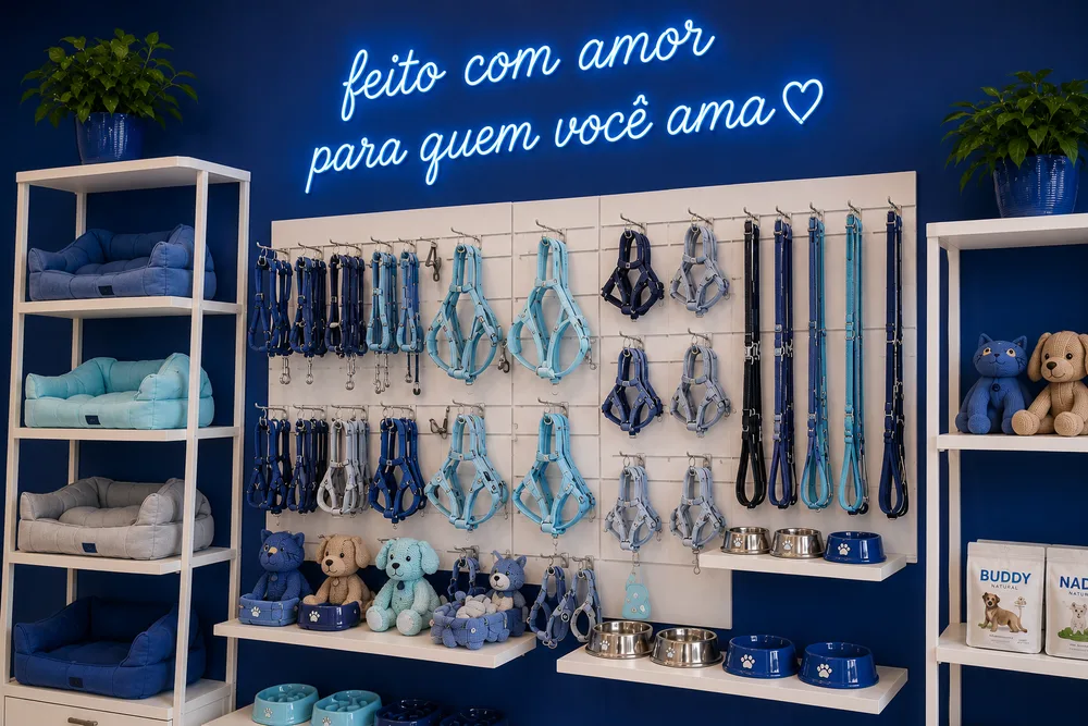 Prateleira da loja com produtos para cães e gatos