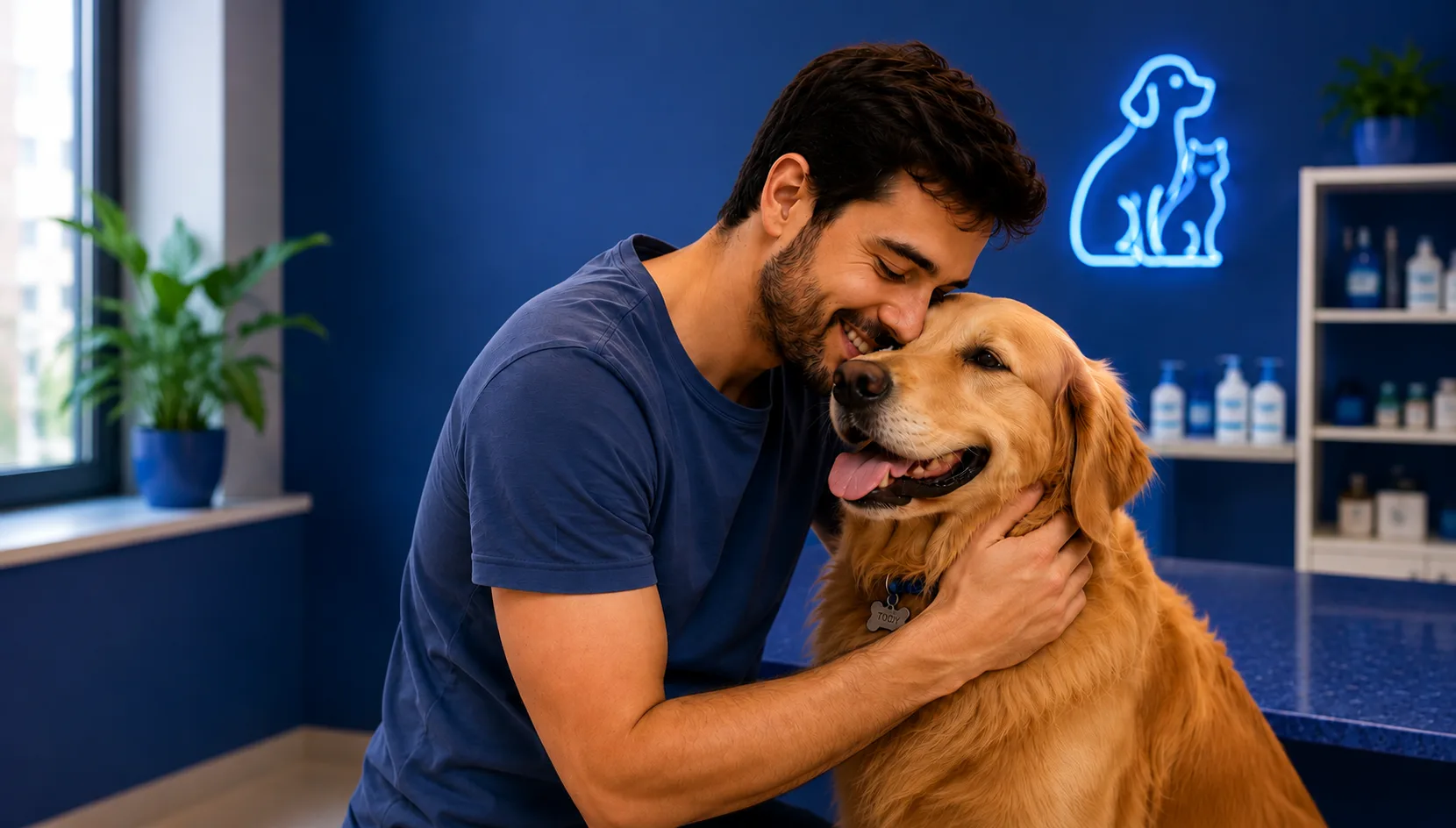 Tutor abraçado com seu cão dentro da clínica
