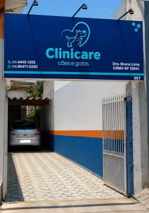 Fachada da Clinicare, com o letreiro azul e a entrada da clínica