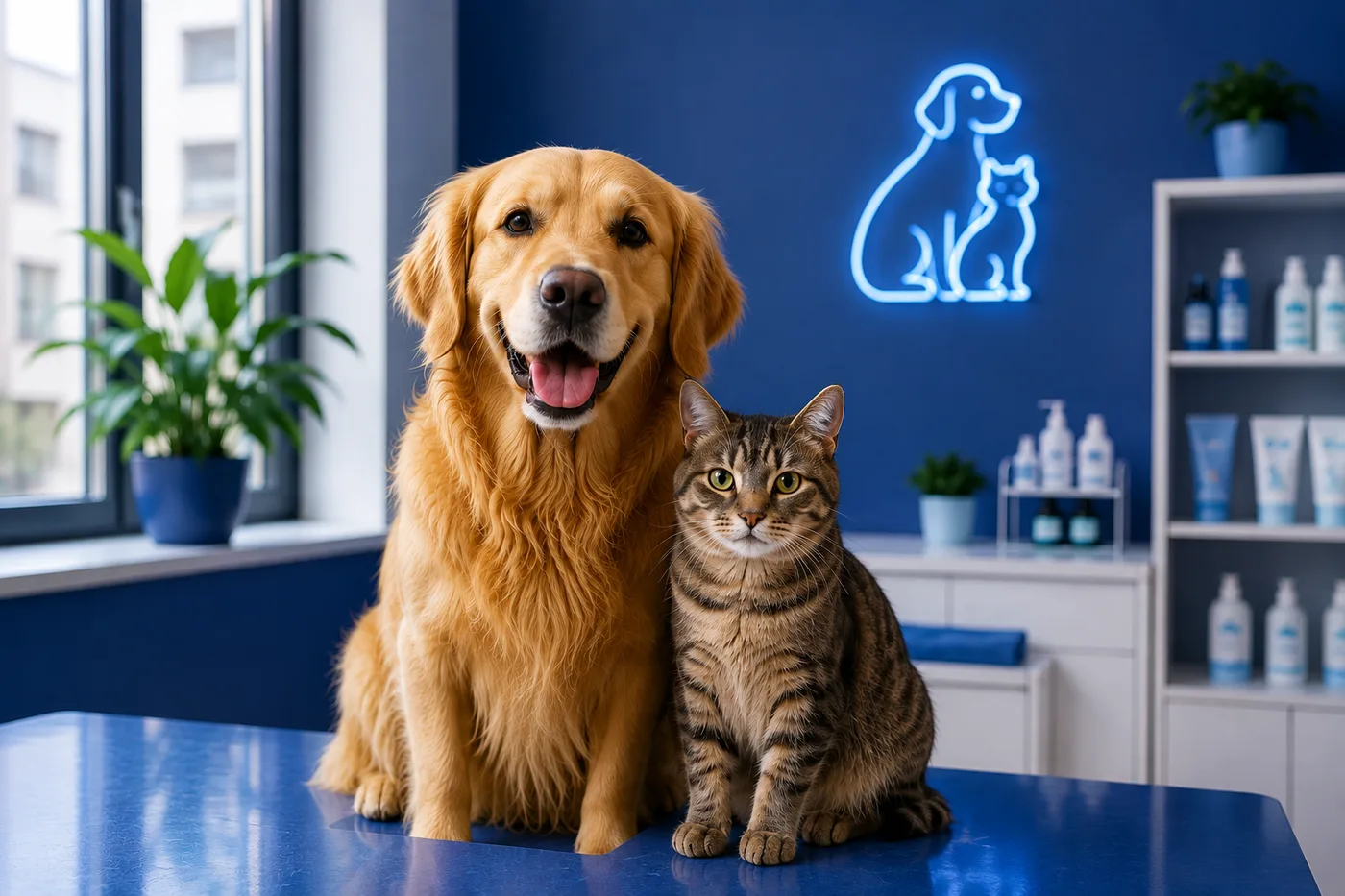 Cão golden retriever e gato sentados lado a lado na mesa de atendimento da Clinicare